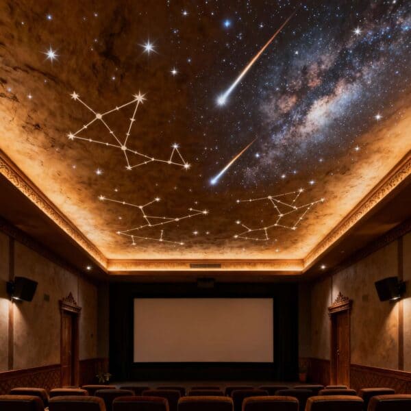 Fiber Optic Star Ceiling Installation in Kerala featuring galaxy effects, glowing constellations, and a premium cinema room.
