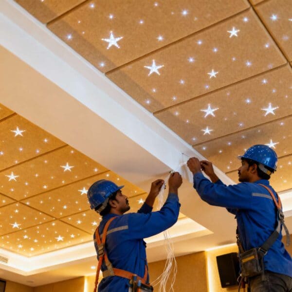 Fiber Optic Star Ceiling Installation in Kerala with technicians installing star lights in a decorative ceiling.